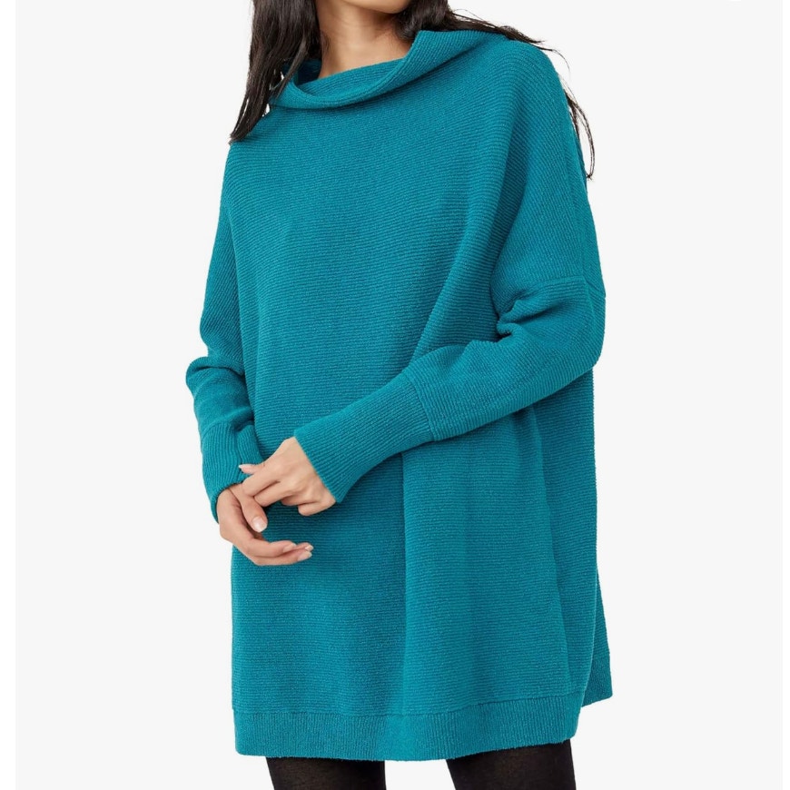 Free People Ottoman Slouchy Tunic Sweater Electric Teal Oversized Xs